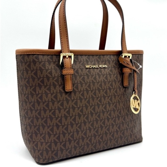 Michael Kors Jet Set Travel Extra-Small Logo Top-Zip Tote Bag Brown Signature - Picture 3 of 8